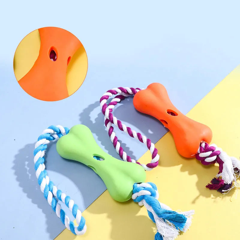 Green cotton rope bone-shaped dog chew toy with knot details and treat cavity