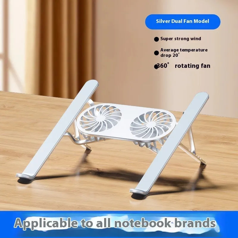 Silver aluminium laptop cooling stand with twin fans and adjustable height, shown folded next to storage bag and USB cable.