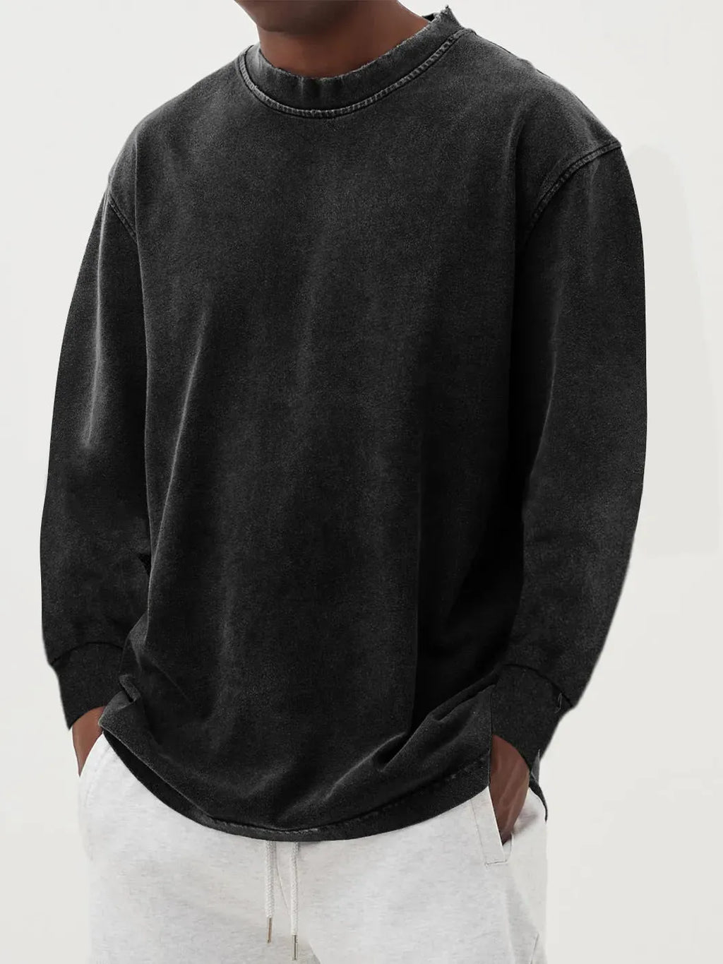 Men's long-sleeved t-shirt washed old solid colour slim fit polyester pullover in sky blue