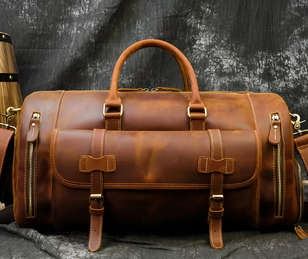 Retro crazy horse leather travel bag 22 inch 36-55L first layer cowhide in red brown or dark brown