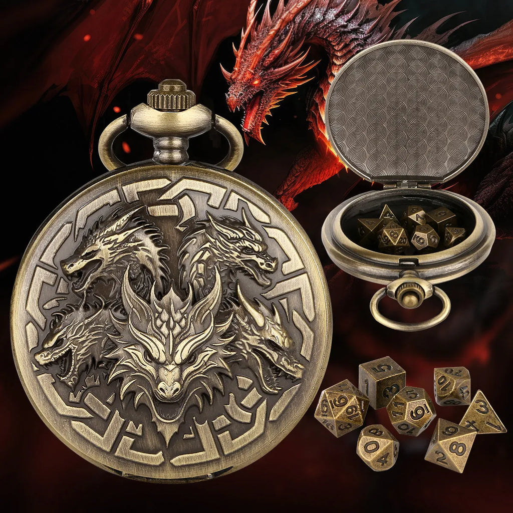 Retro pocket watch shaped zinc alloy dice set with seven polyhedral dice in bronze finish