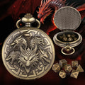 Retro pocket watch shaped zinc alloy dice set with seven polyhedral dice in bronze finish