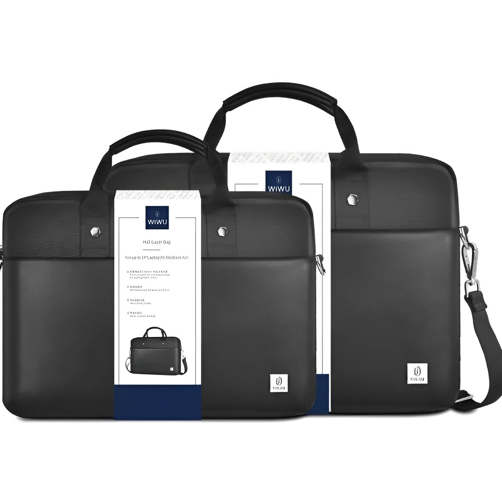 Black Oxford cloth laptop handbag showing multi-pocket organiser design and secure lock.