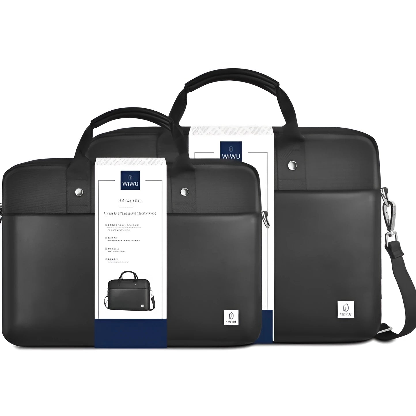 Black Oxford cloth laptop handbag showing multi-pocket organiser design and secure lock.