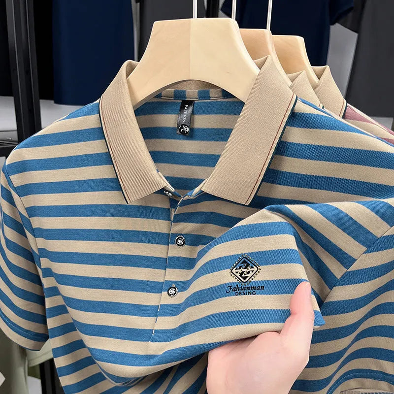 A man wearing a blue mosaic striped short sleeve polyester t-shirt, showcasing the casual fit.
