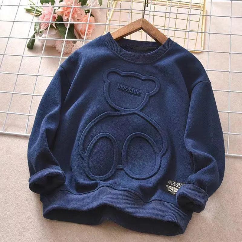 Children's long-sleeved cotton top with cartoon print, hedge closure, available in blue khaki beige navy blue sizes 110-160cm