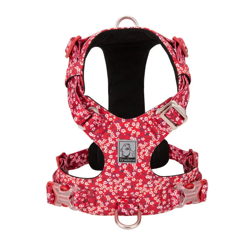 Floral pattern cotton pet harness with chest strap shown in blue, green and red colour options
