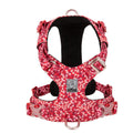 Floral pattern cotton pet harness with chest strap shown in blue, green and red colour options