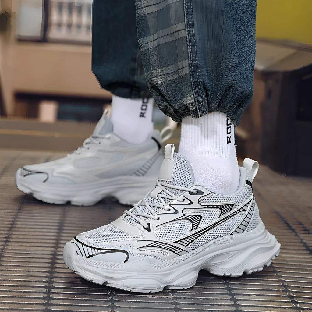 Men's white mesh height increasing casual shoes with front lace-up and rubber EVA PU sole.