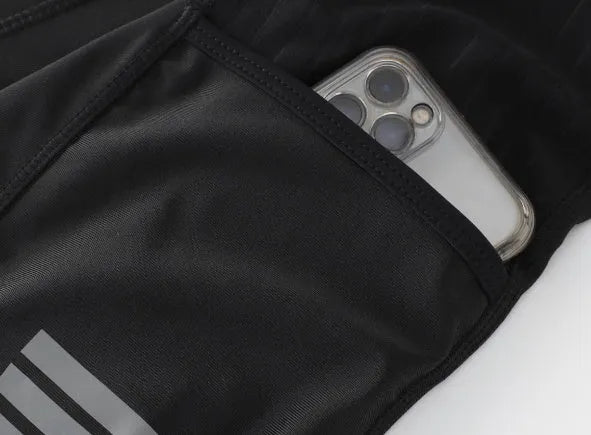 Black seven-inch cycling shorts with double pockets and a removable cushion pad for shock absorption.
