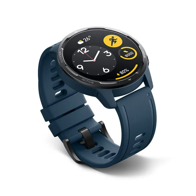 Dual-band GPS smart watch with touchscreen in black, white, or blue colour options on a silicone strap.