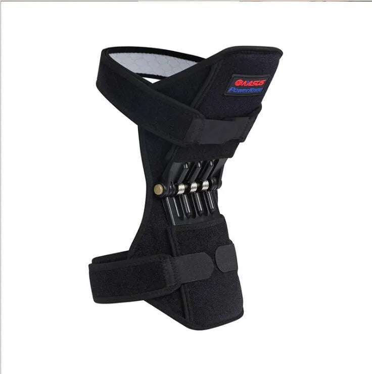 Black knee booster pair with carbon steel spring, adjustable Velcro straps, mesh ventilation and non-slip fabric, 29.5 x 28 x 27 cm