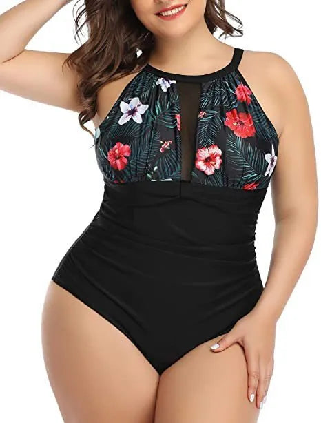 Women's black lace one-piece swimsuit on a mannequin, showing front design.