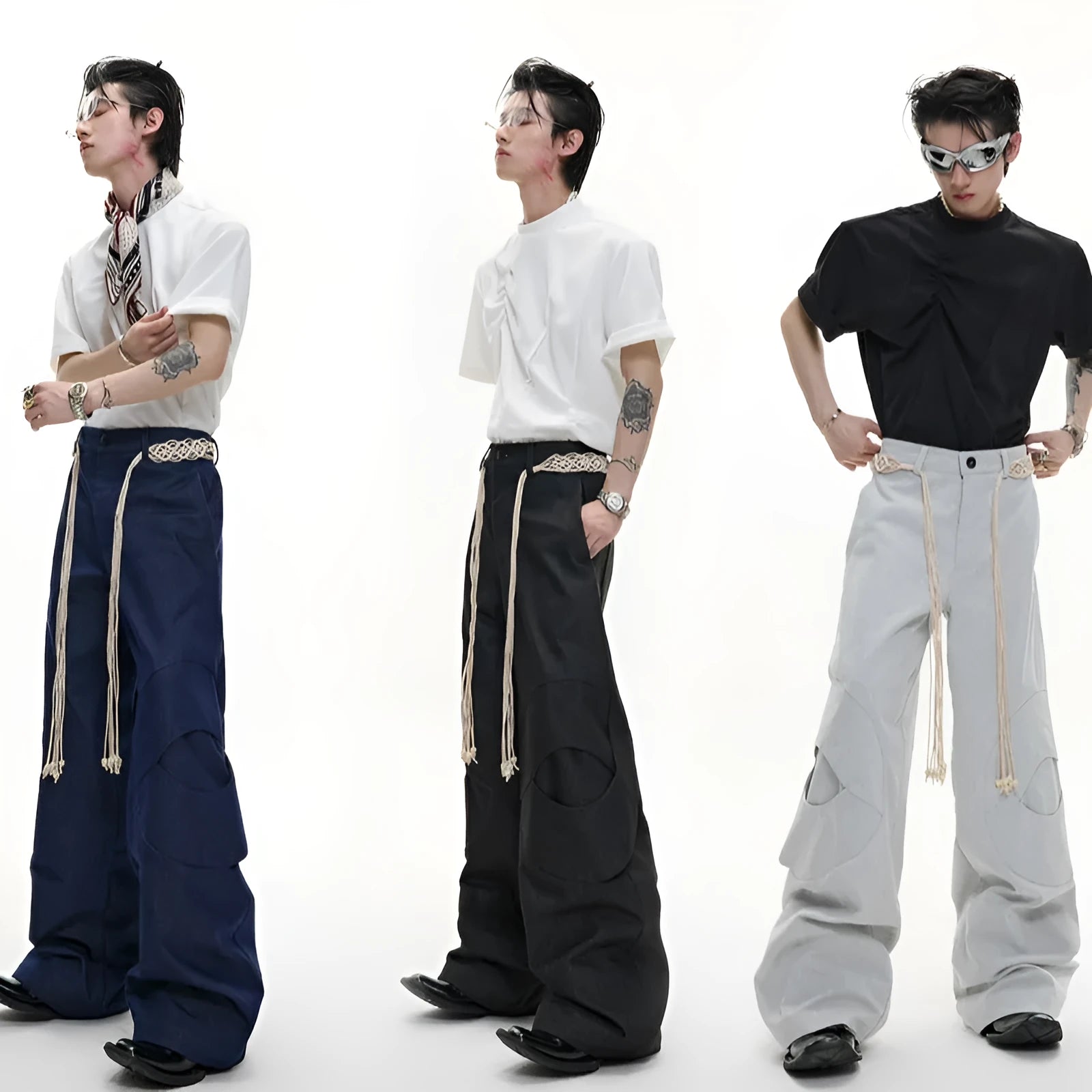 Men's straight-leg cotton trousers with loose fit, zip decorations and tassel detailing in dark colour options