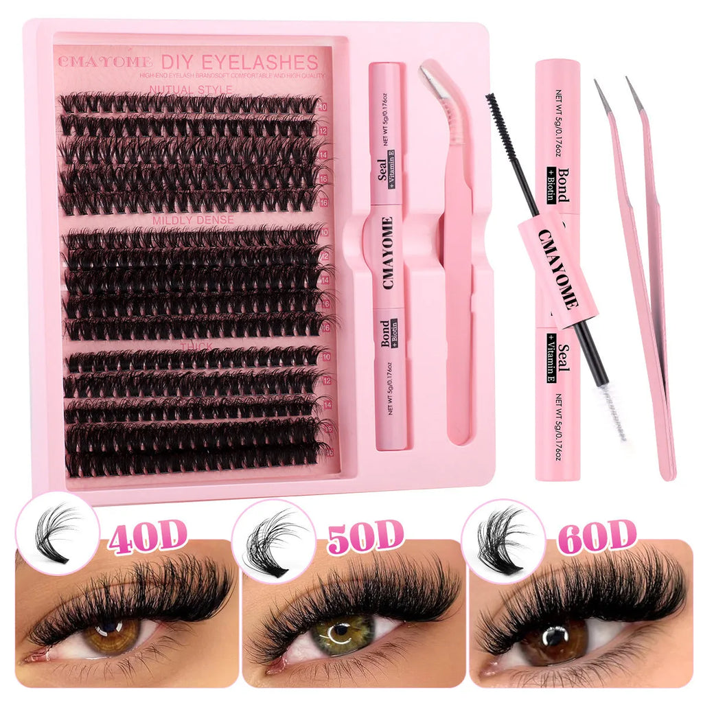DIY false eyelashes extension suit showing segment single clusters and eyelash tweezers on packaging.