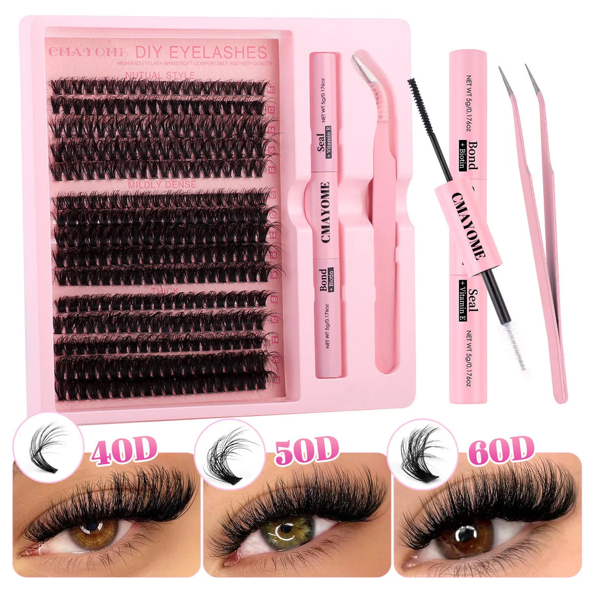 DIY false eyelashes extension suit showing segment single clusters and eyelash tweezers on packaging.