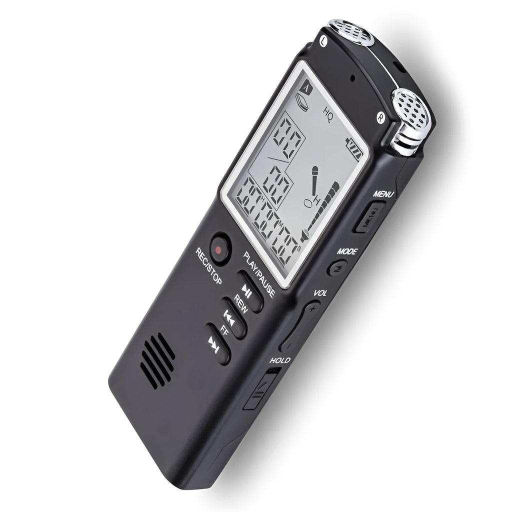 Compact black USB voice recorder with display screen, showing 16GB memory and external microphone port.