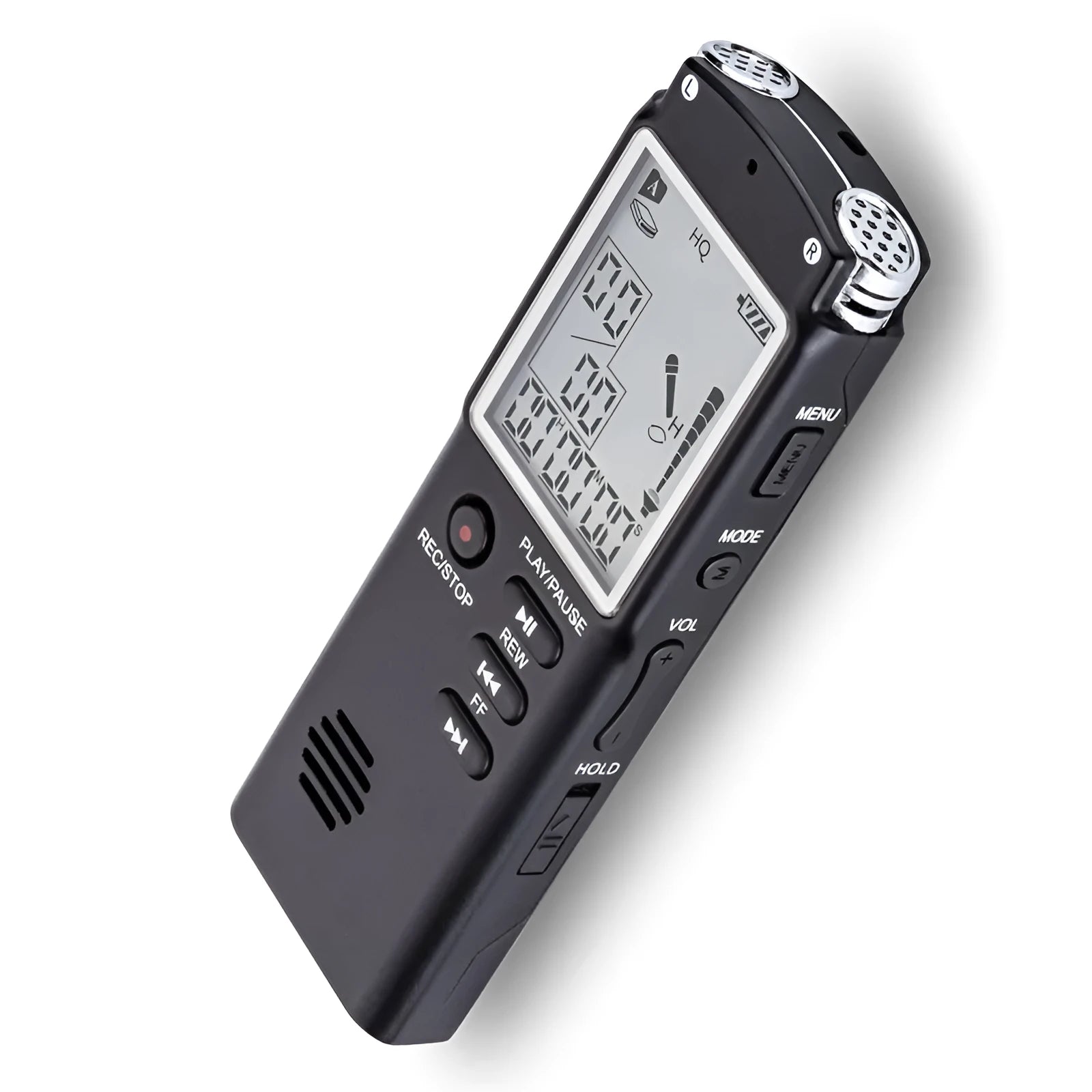 Compact black USB voice recorder with display screen, showing 16GB memory and external microphone port.