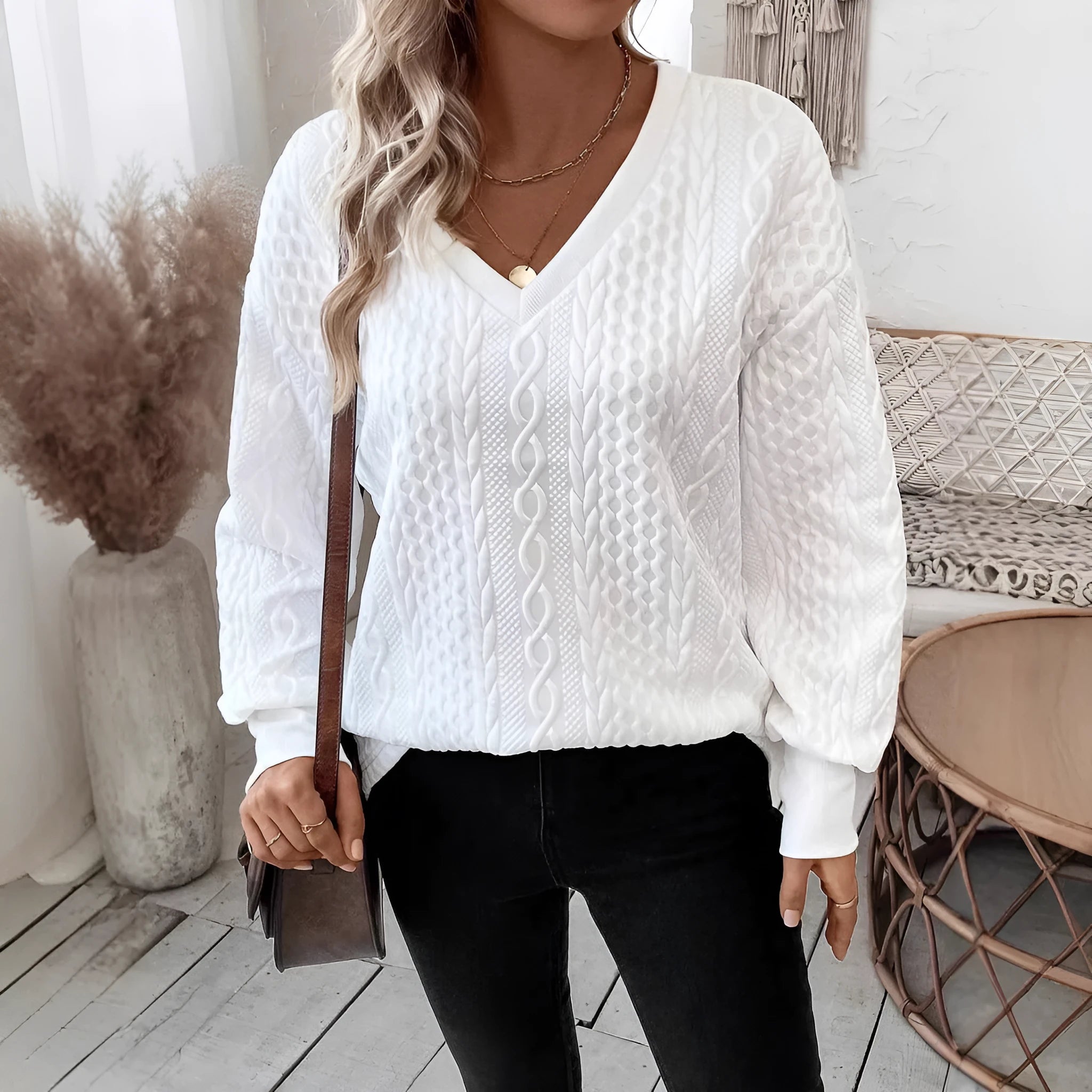 Men's loose fit long sleeve T-shirt in Milky White with 3D pattern detail