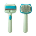 Blue and green double-sided pet grooming brush showing deshedding rake and dematting comb sides.