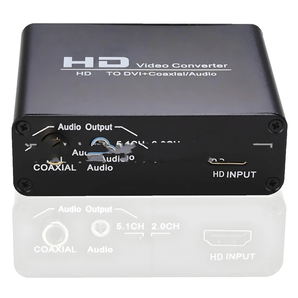 Black HDMI to DVI converter unit with coaxial audio output port and a 1.5 metre cable.