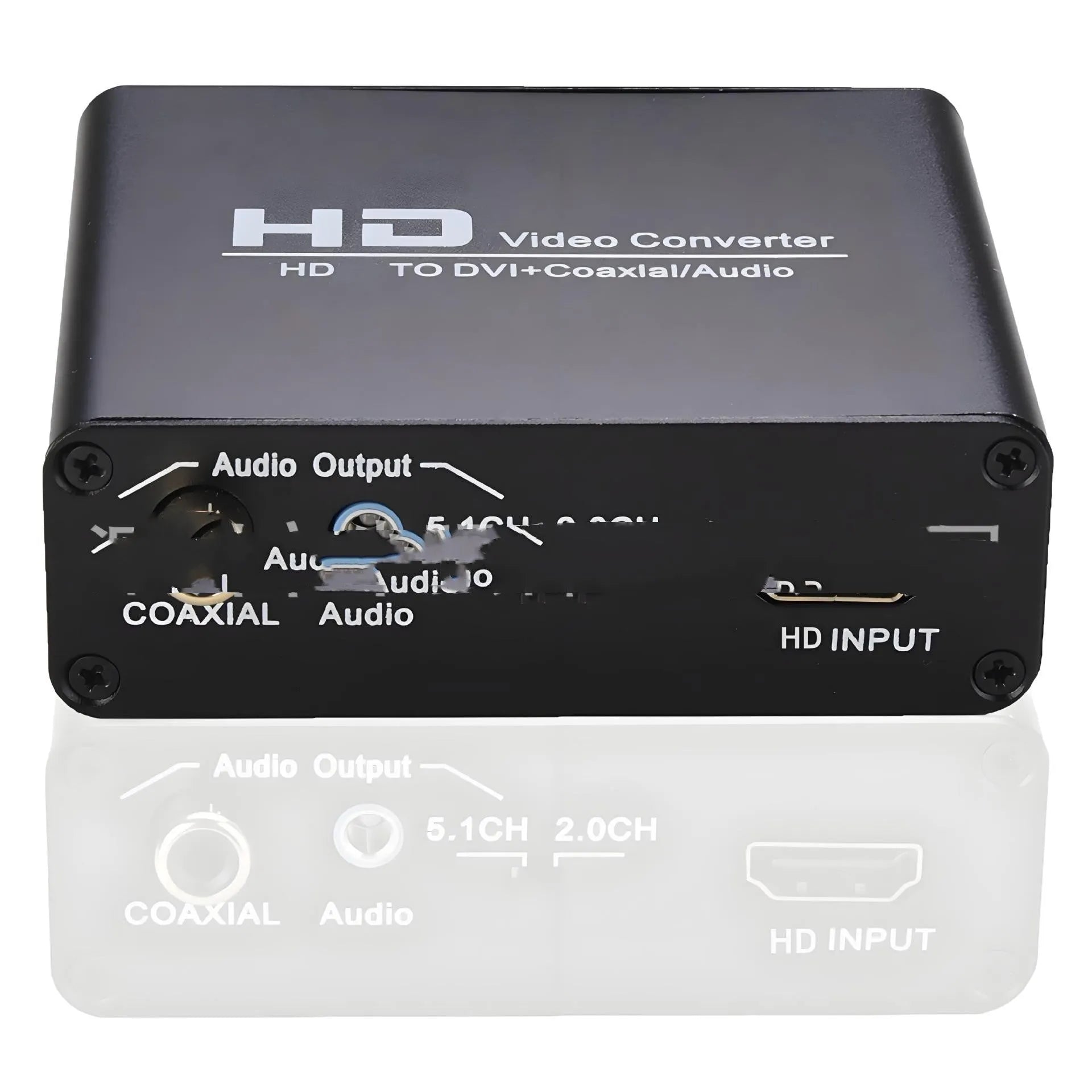 Black HDMI to DVI converter unit with coaxial audio output port and a 1.5 metre cable.