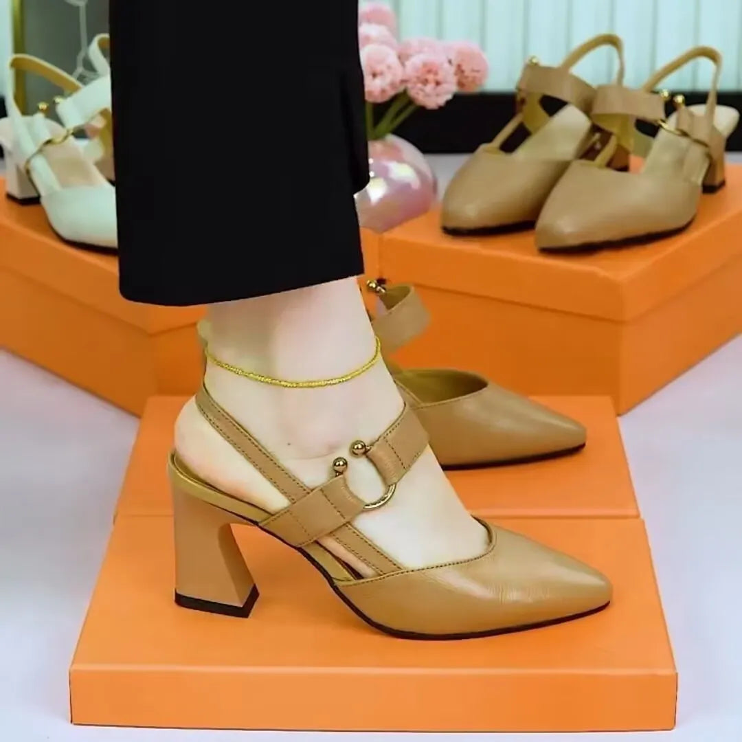 Women's closed toe leather sandals with back strap and chunky heel in black, white, and apricot colours