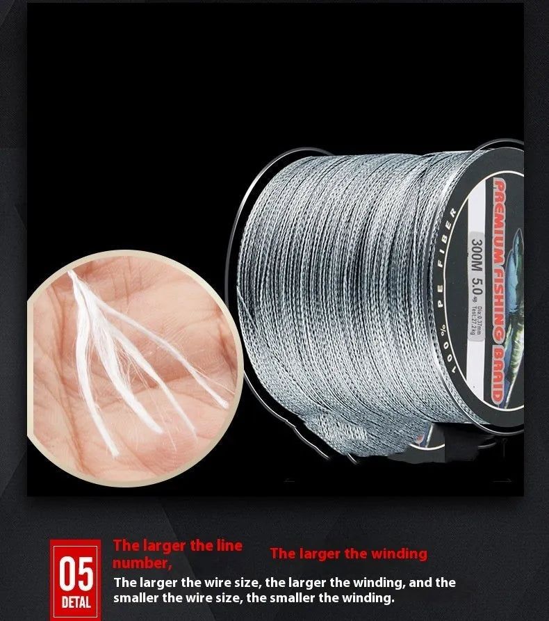 Spool of Dali Mayu 300 metre PE fishing line showing multiple colour options against a tackle background.