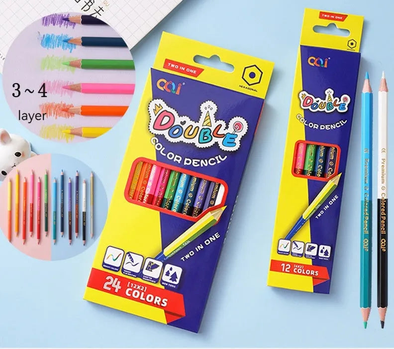 Set of wooden double-headed colouring pencils showing two colour leads on each pencil