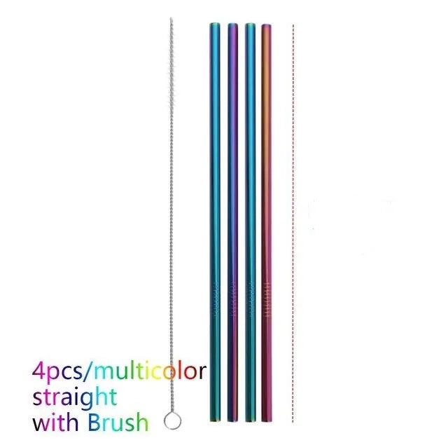 Set of four colourful reusable stainless steel straws and a cleaning brush in straight and bent styles.