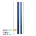 Set of four colourful reusable stainless steel straws and a cleaning brush in straight and bent styles.