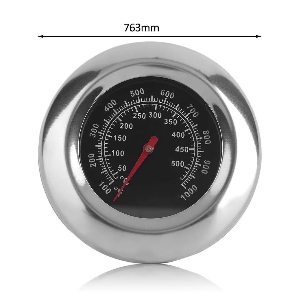 Stainless steel metal thermometer with 76mm round dial and 6x39mm probe on white background