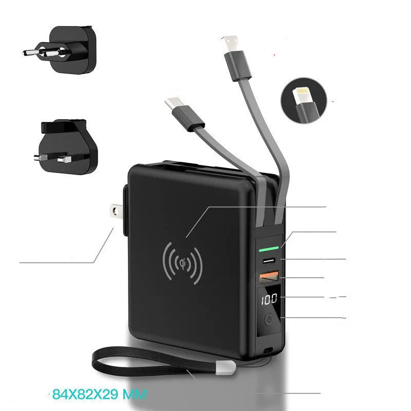 Black and white Super QI wireless PD20W fast charging power bank with integrated plug.