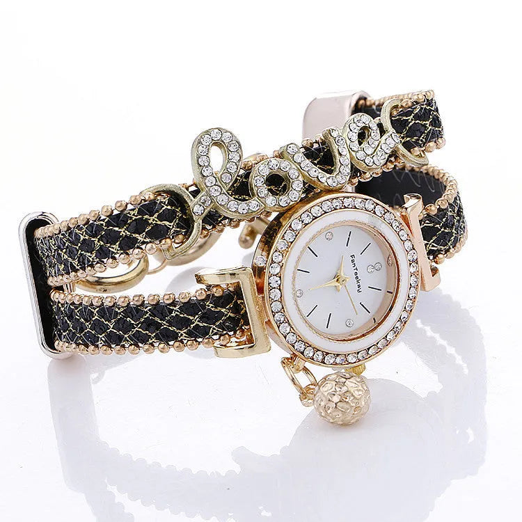 Sequin bracelet watch with round 25mm dial, alloy case and faux leather strap in black