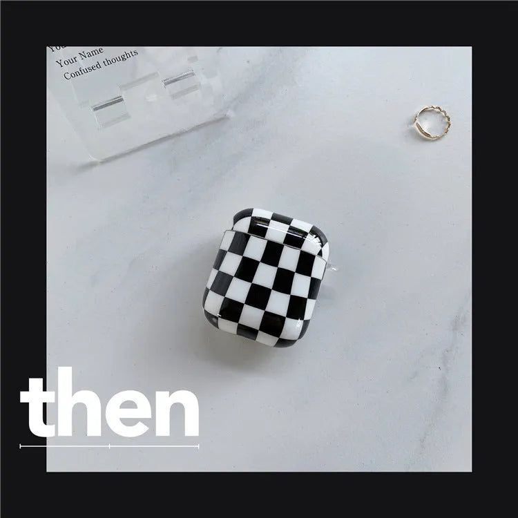 Black and green checkerboard pattern TPU case for Apple AirPods with optional lanyard and pendant accessories.