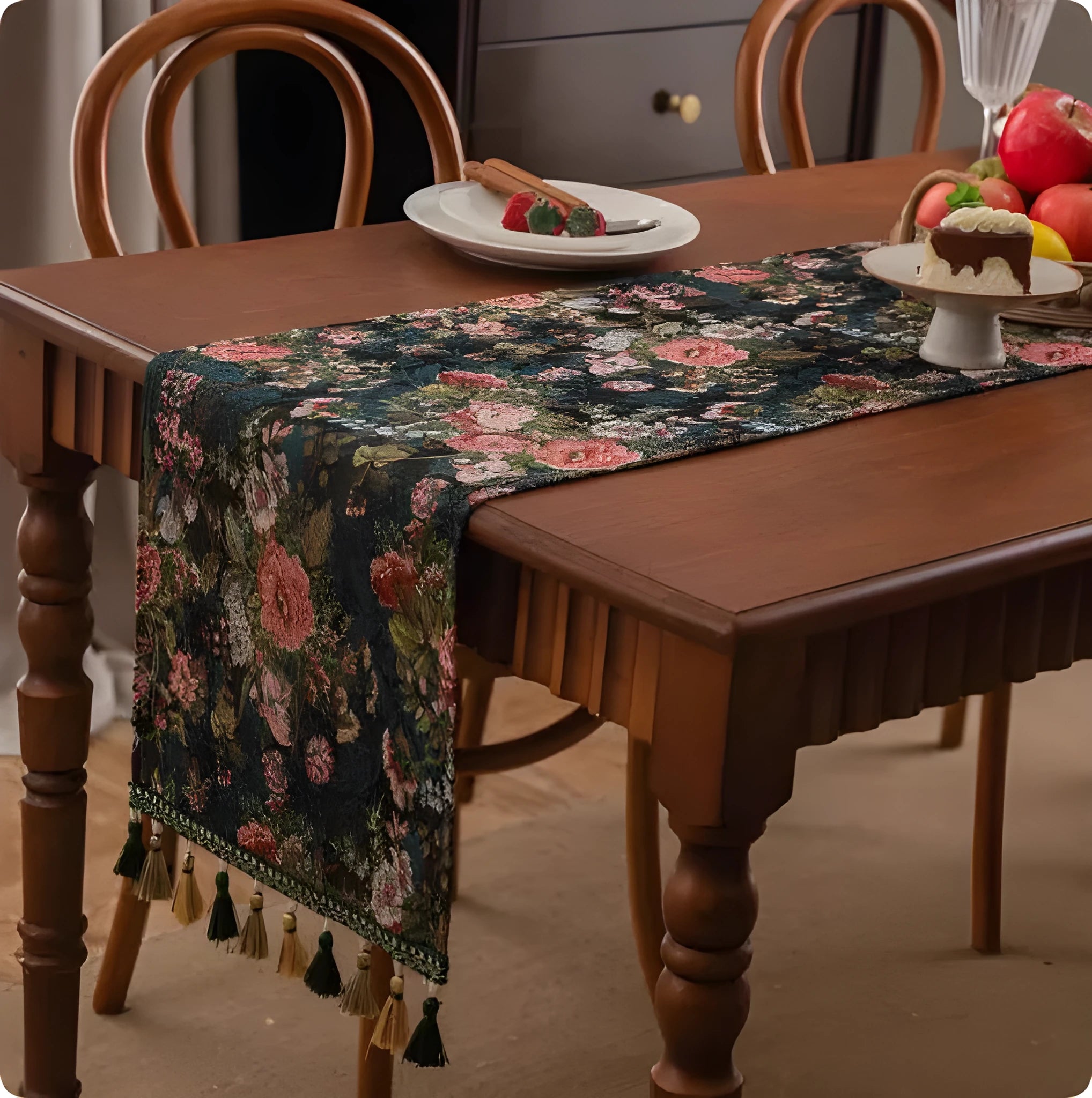 Retro style polyester table flag with long handwoven tassels on a wooden table.