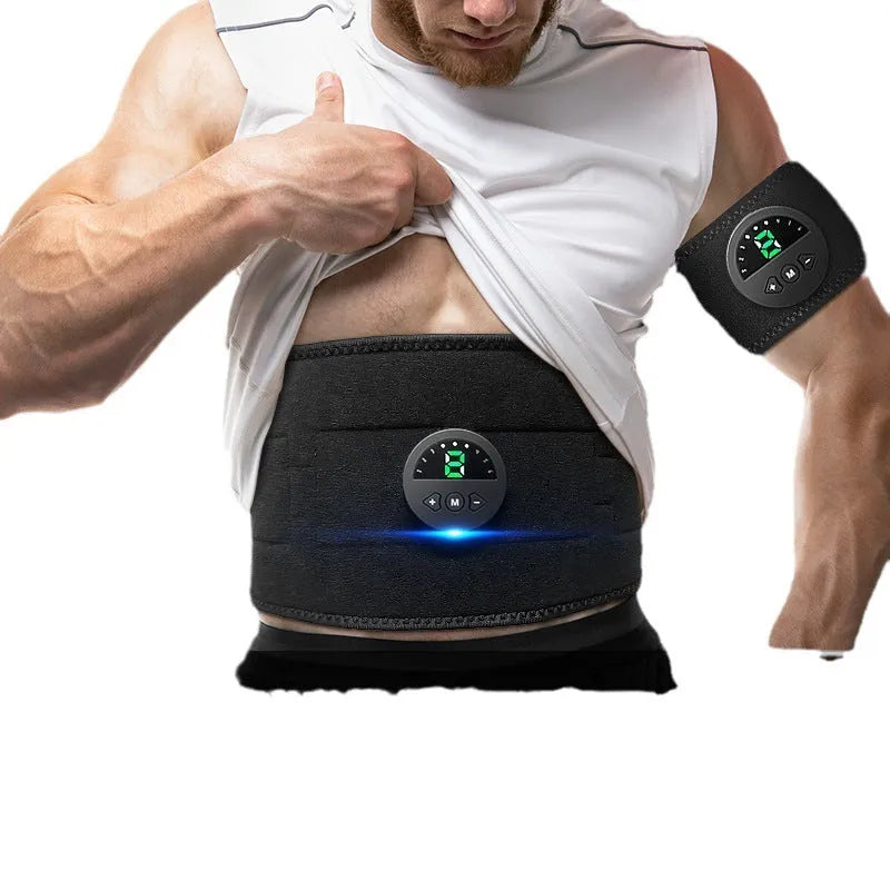 Fitness belt with display screen for waist and abdomen fat reduction, shown with host and USB cable.