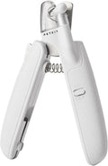 White pet nail clippers with LED light, transparent guard, and built-in file for cats and dogs.