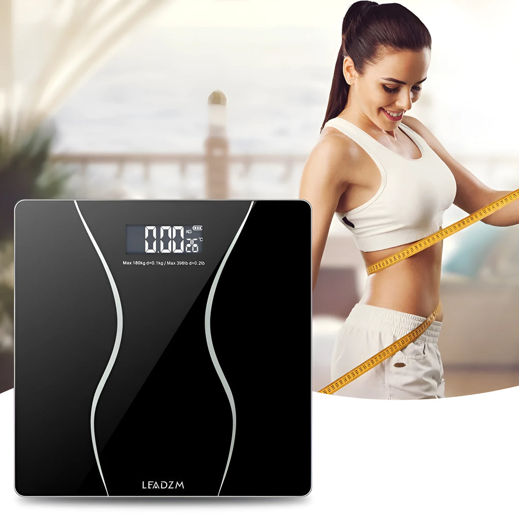 Black electronic body weight scale with digital display for household use