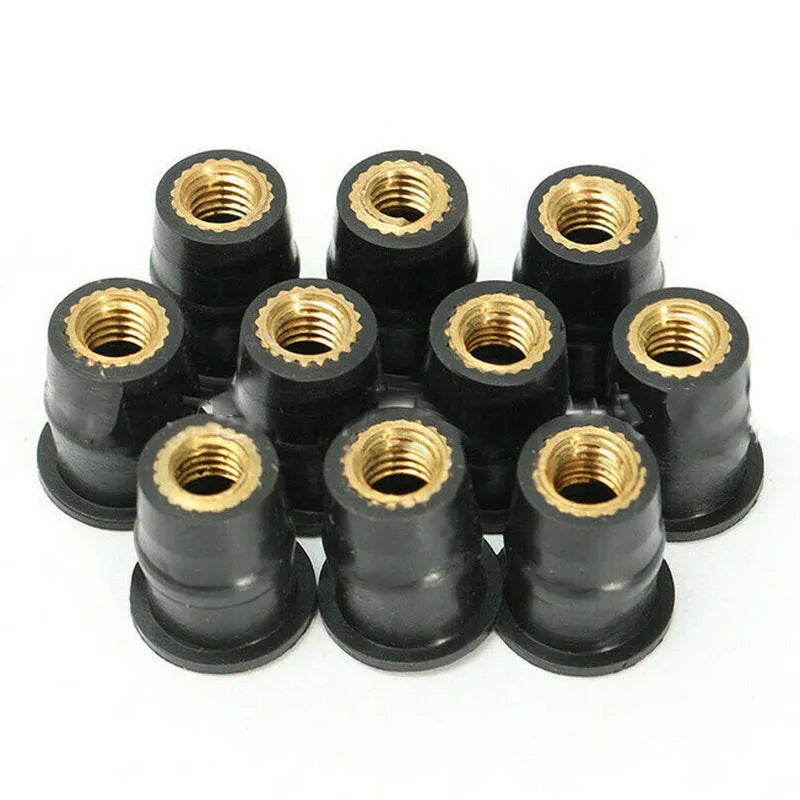 Black motorcycle well nut fasteners with brass threads in M4, M5, and M6 sizes for panel mounting.