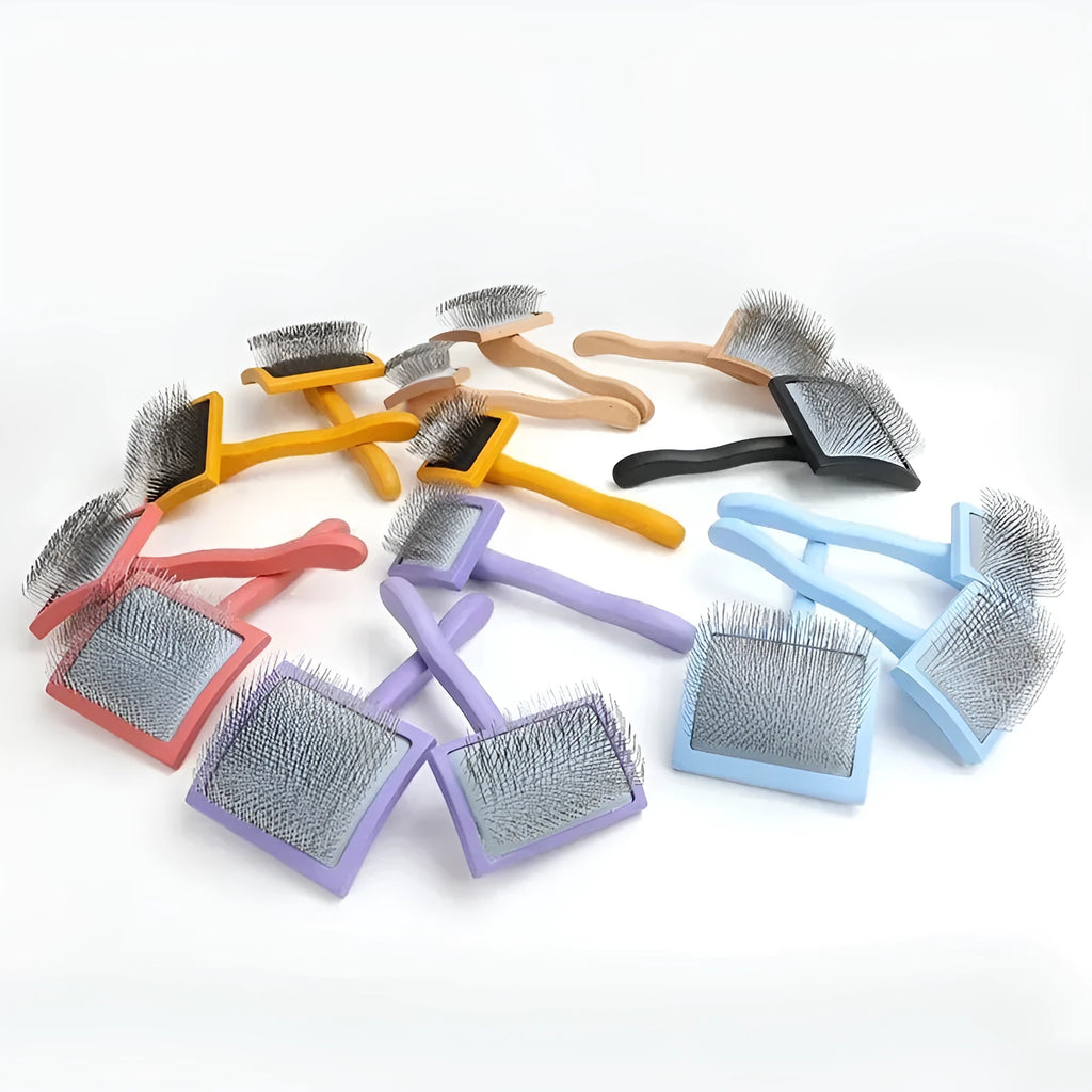 Wooden pet comb with rubber effect paint in multiple colours including canopy hair comb and crown hair comb styles