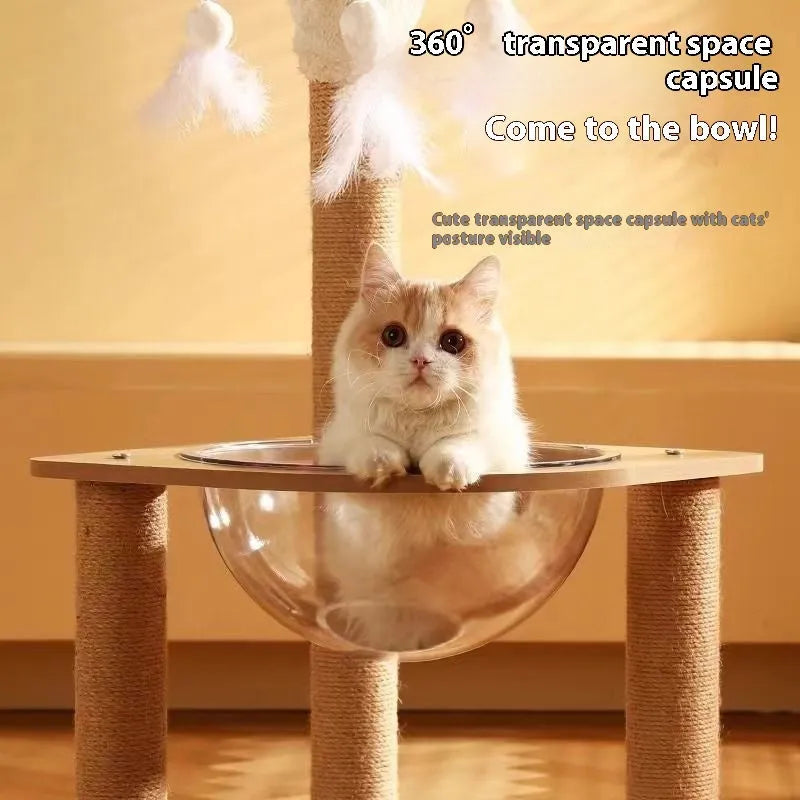 Wooden cat climbing frame with integrated space capsule in luxury grey finish