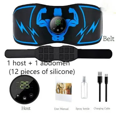 Blue EMS abdominal slimming belt with wireless remote control and arm stickers