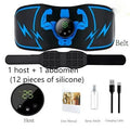 Blue EMS abdominal slimming belt with wireless remote control and arm stickers