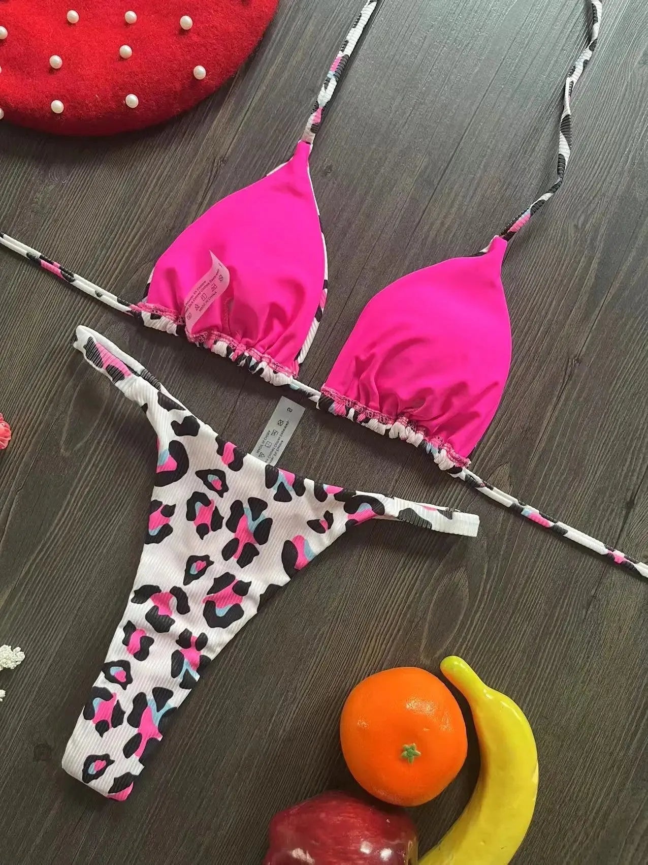 Women's printed bikini swimsuit with quick-dry fabric shown in available colours