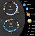 Set of twelve colourful natural stone beaded bracelets with elastic cords, each representing a different zodiac sign.