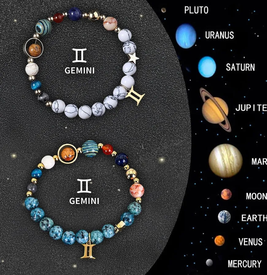 Set of twelve colourful natural stone beaded bracelets with elastic cords, each representing a different zodiac sign.