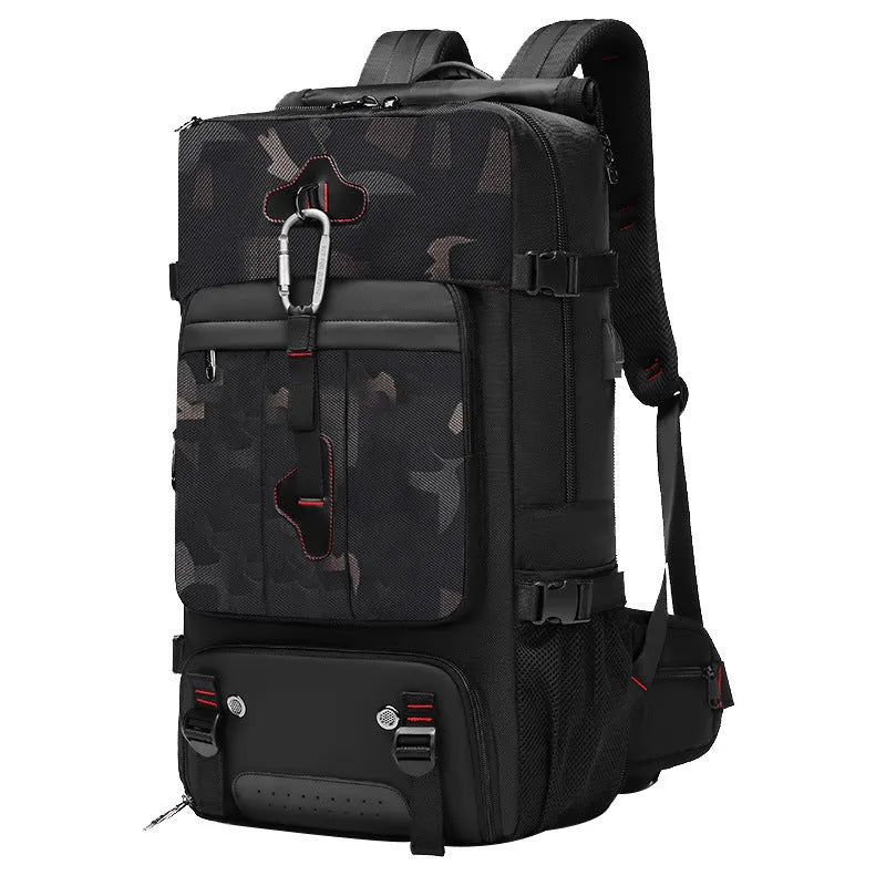 Large capacity 36-55L waterproof Oxford cloth hiking camping backpack in Army Green with curved shoulder straps