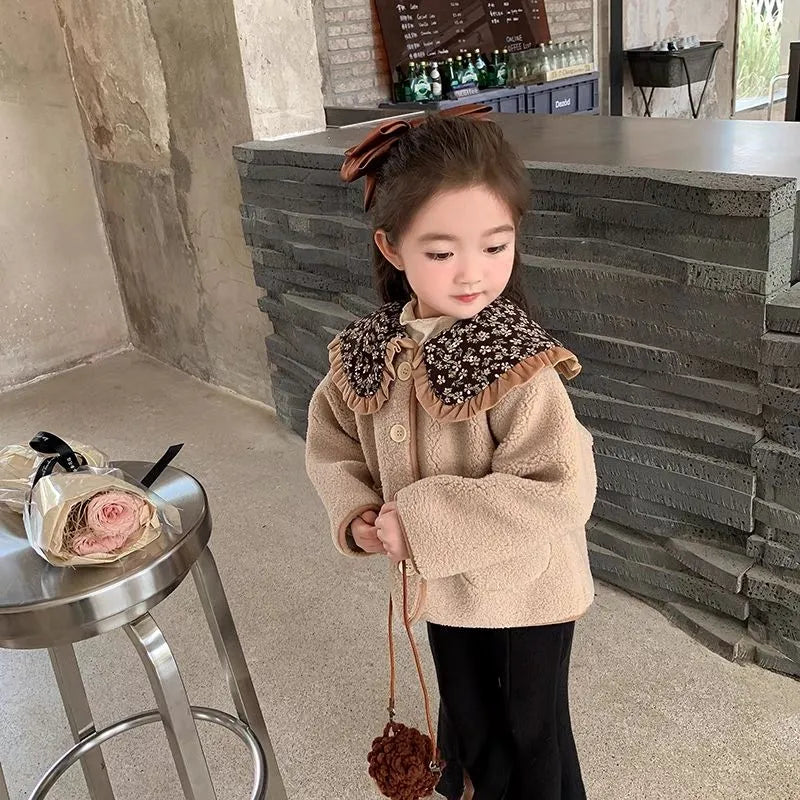Khaki Mori style girls' fleece-lined coat with long sleeves and thickened polyester for winter