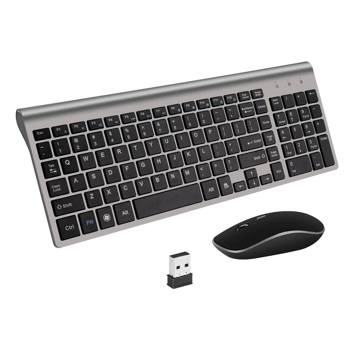 Wireless keyboard and mouse combo, ultra-thin 104-key black keyboard with numeric keypad and Nano USB receiver